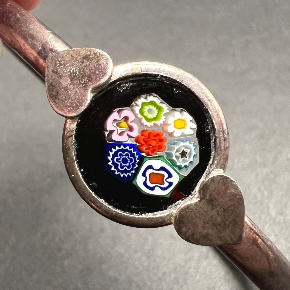 Vintage Millefiori Bangle Bracelet Glass Mosaic Silver Plated Heart Accents 7"